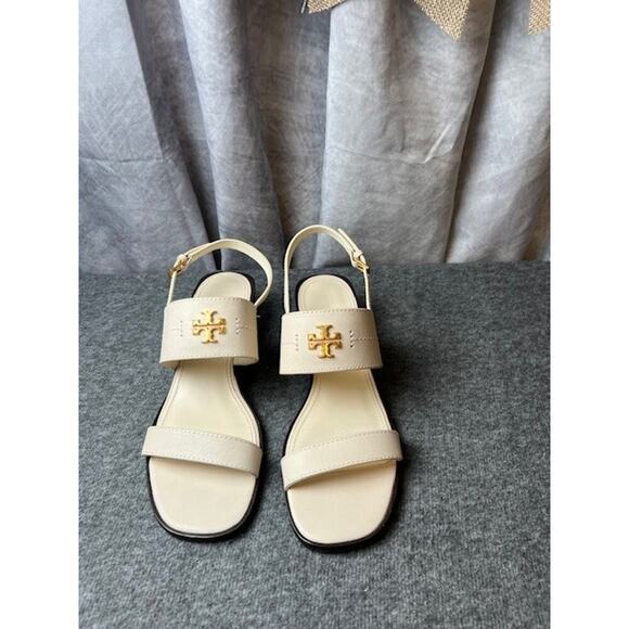 NIB Tory Burch Eleanor Block Heel Sandals IVORY 10.5 Calf Leather - Picture 2 of 7